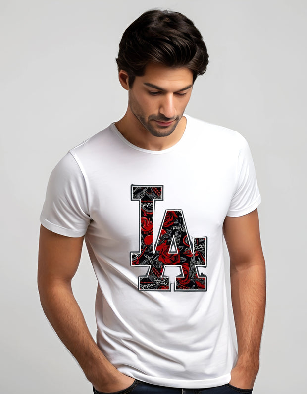 KNIGHT STITCH LA PRINTED ROUND NECK T-SHIRT