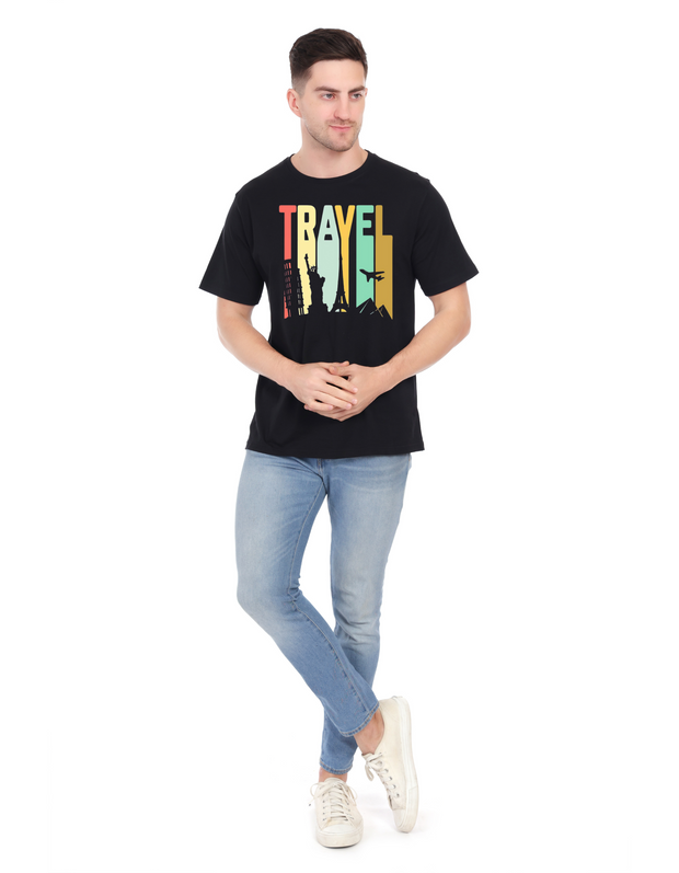 KNIGHT STITCH TRAVEL PRINTED ROUND NECK T-SHIRT