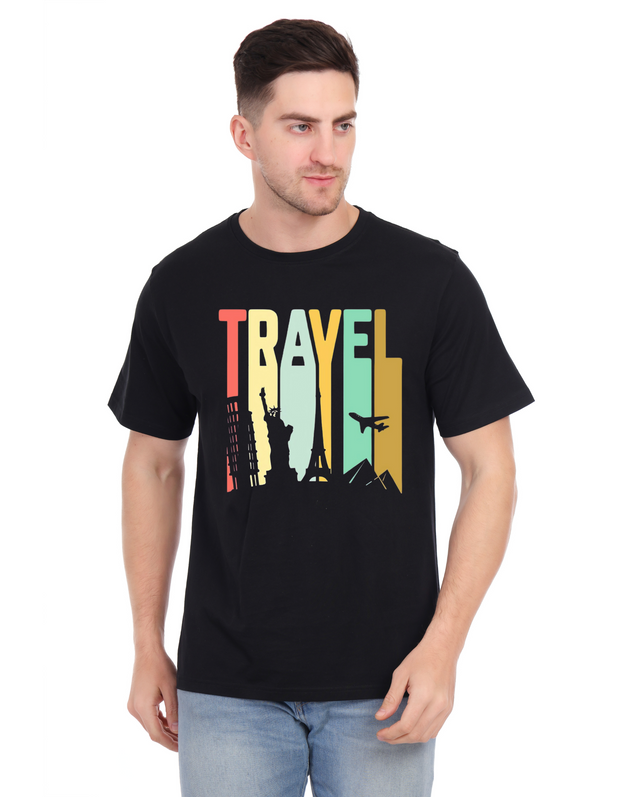 KNIGHT STITCH TRAVEL PRINTED ROUND NECK T-SHIRT