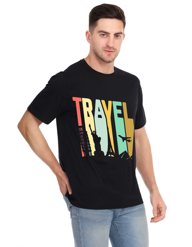 KNIGHT STITCH TRAVEL PRINTED ROUND NECK T-SHIRT